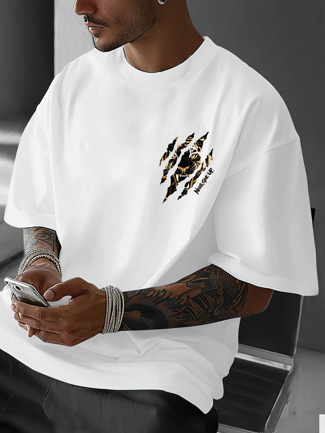 Tiger Claw Mark Never Give Up Print on Premium Soft 100% Cotton Mens T Shirt Perfect for Summer Streetwear and Bold Style TAVEN System LLC