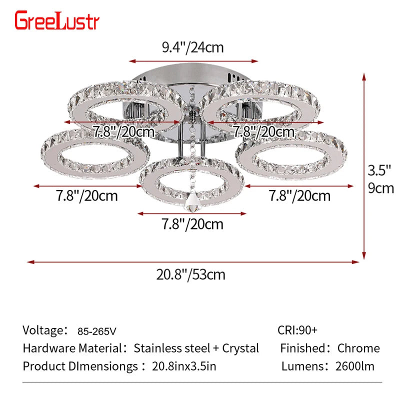 5 Rings Crystal Led Chandeliers Ceiling Mirror Stainless Steel Lustre Cristal For Kitchen Luminarias Parateto Fixtures Plafonier TAVEN System LLC