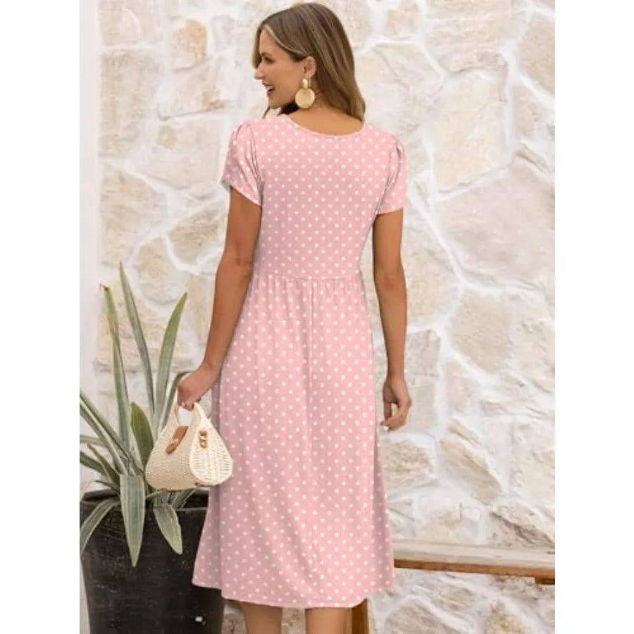 Women A-Line Midi Dress Casual Short Sleeve Summer Pockets Sundress