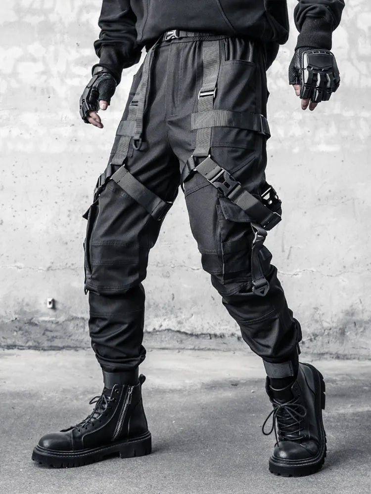 Men Hip Hop Punk Cargo Pants Techwear Ribbon Tactical Casual Pants TAVEN System LLC