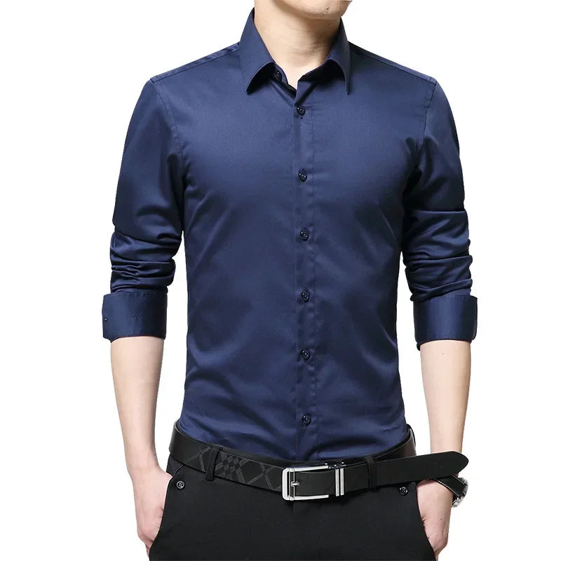 Men Business Cotton Dress Shirt Solid Formal Wedding Slim Fit Shirt