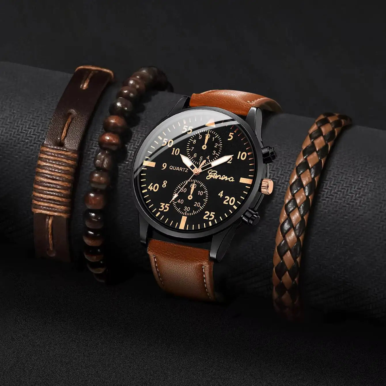 4PCS/Set Fashion Men's Business Watches Casual Leather Strap Quartz Wristwatches Vintage Bracelets Set Reloj Hombre（Without Box） - TAVEN System LLC
