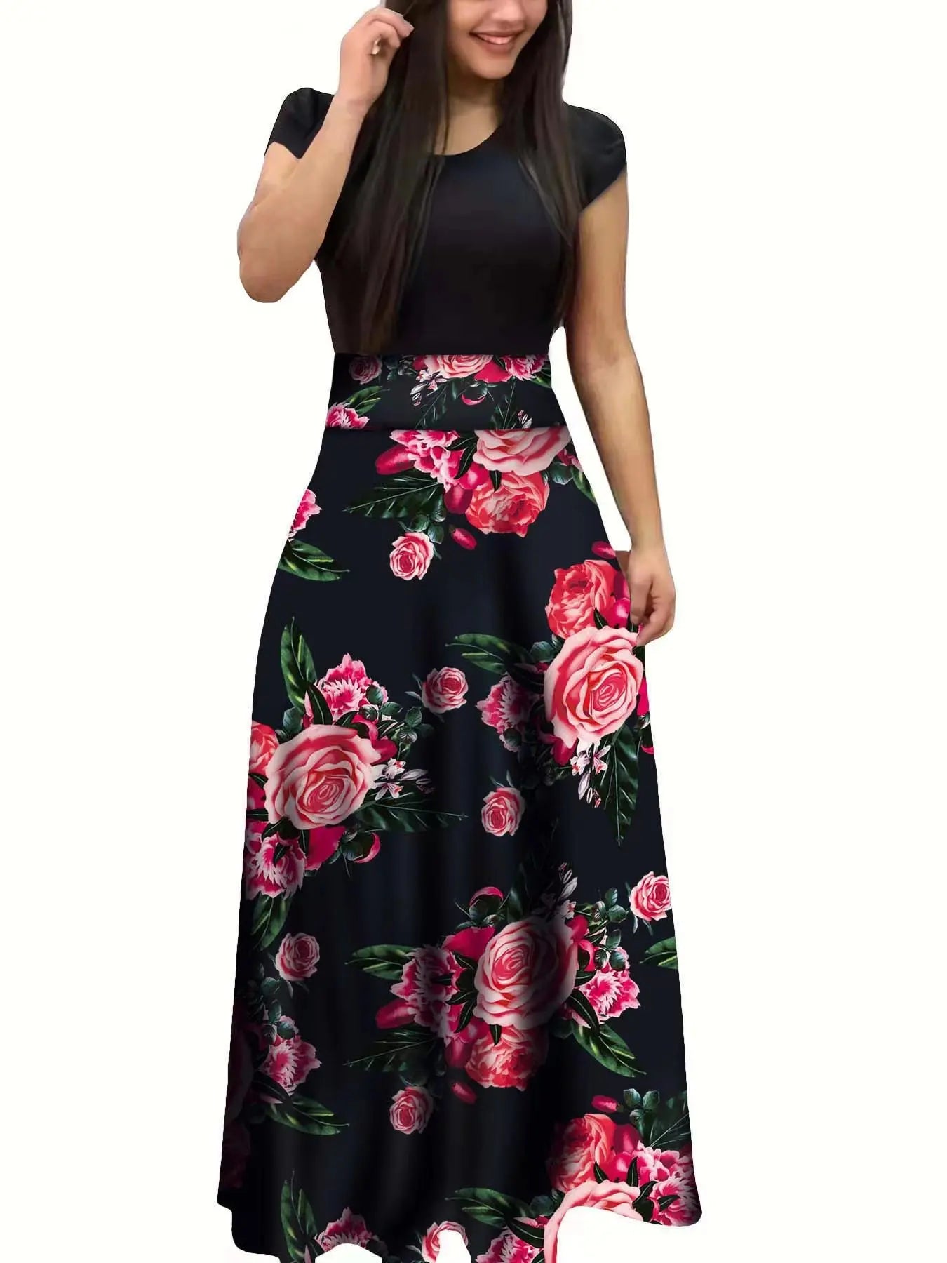 2024 European and American style flower print color matching short sleeved dress for women's large swing skirt TAVEN System LLC