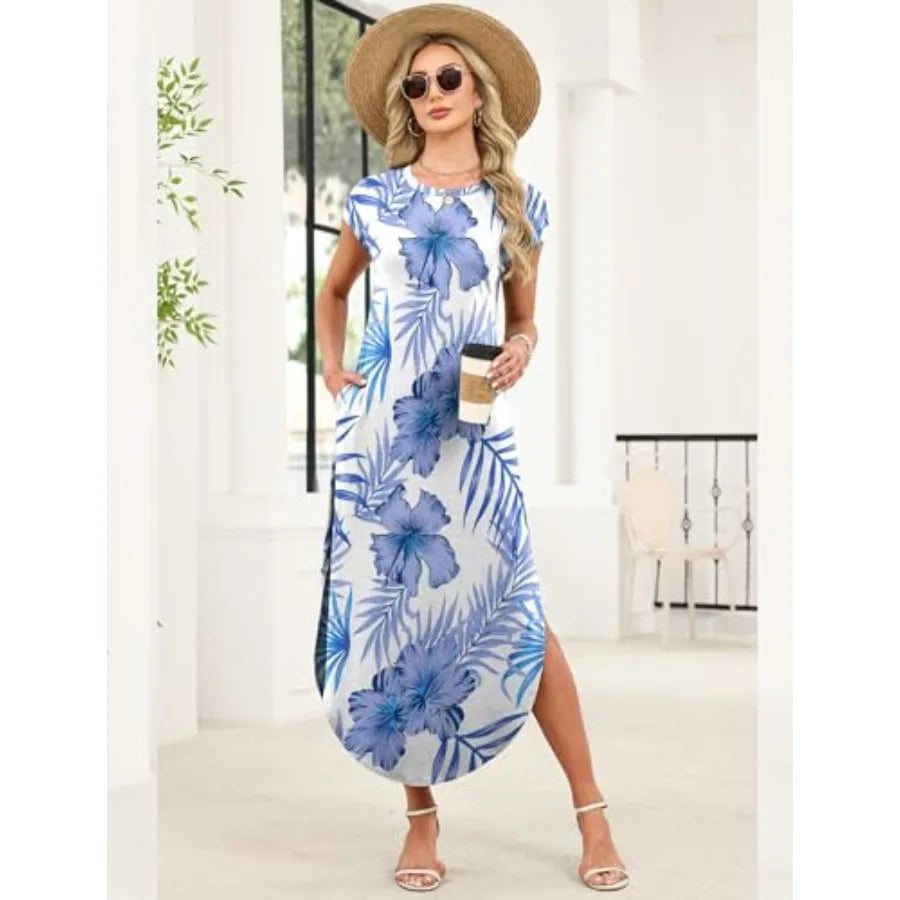 Women Tie Dye Maxi Dress Cap Sleeve Crewneck Beach Casual Sundress