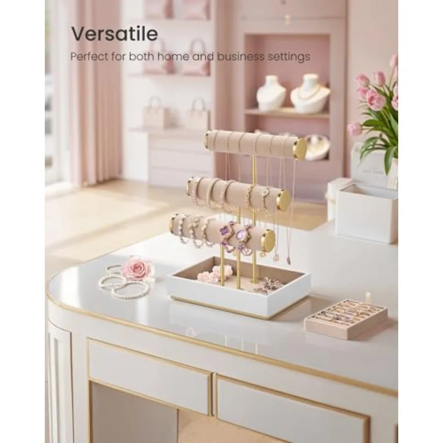 Bracelet Holder Stand, Jewelry Display Stand, Jewelry Organizer, with 3 Tiers and Velvet Tray, Removable Ring Holder, Cloud Whi TAVEN System LLC