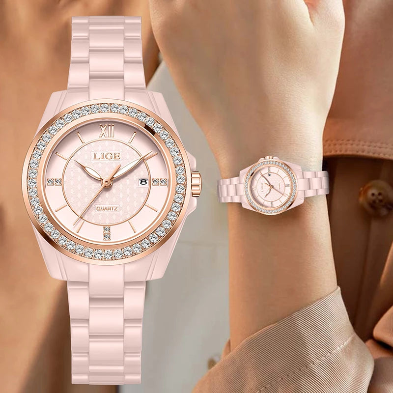 LIGE New Pink Watch Women Watches Top Brand Luxury Ceramic Watch Women Fashion Sport Waterproof Quartz Watch Female Montre Femme - TAVEN System LLC