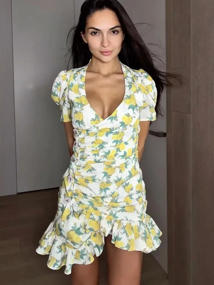 Women Elegant Printed Short Dress Chic V-neck Short Sleeve A-line Bodycon Mini Dresses 2026 Lady New Summer Vacation Street Robe TAVEN System LLC