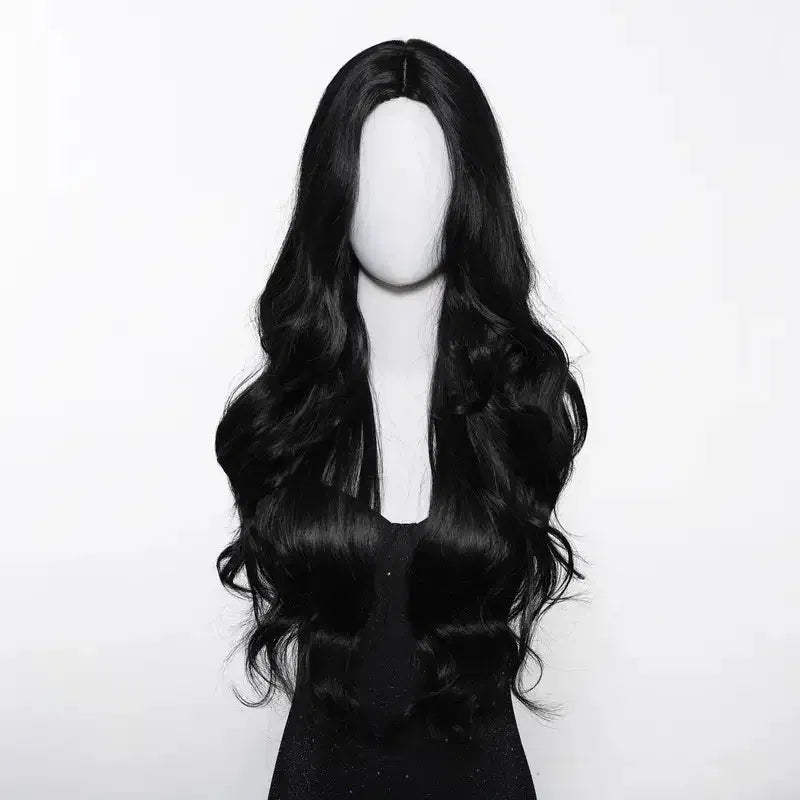 Color: #3 - Black synthetic wig with middle-parted long hair and big waves for party or daily use. High-temperature synthetic hair cap. Taven