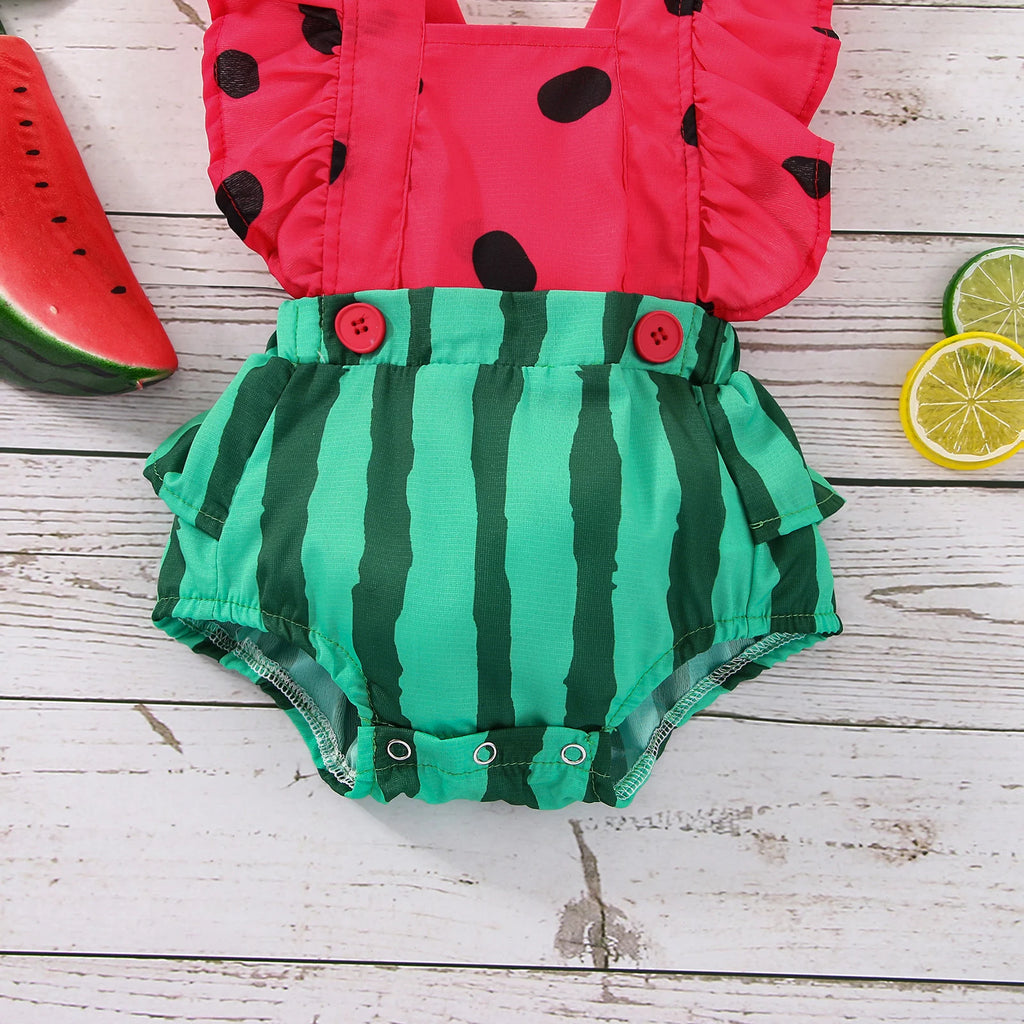 Baby Watermelon Print Romper with Matching Headband Summer Set