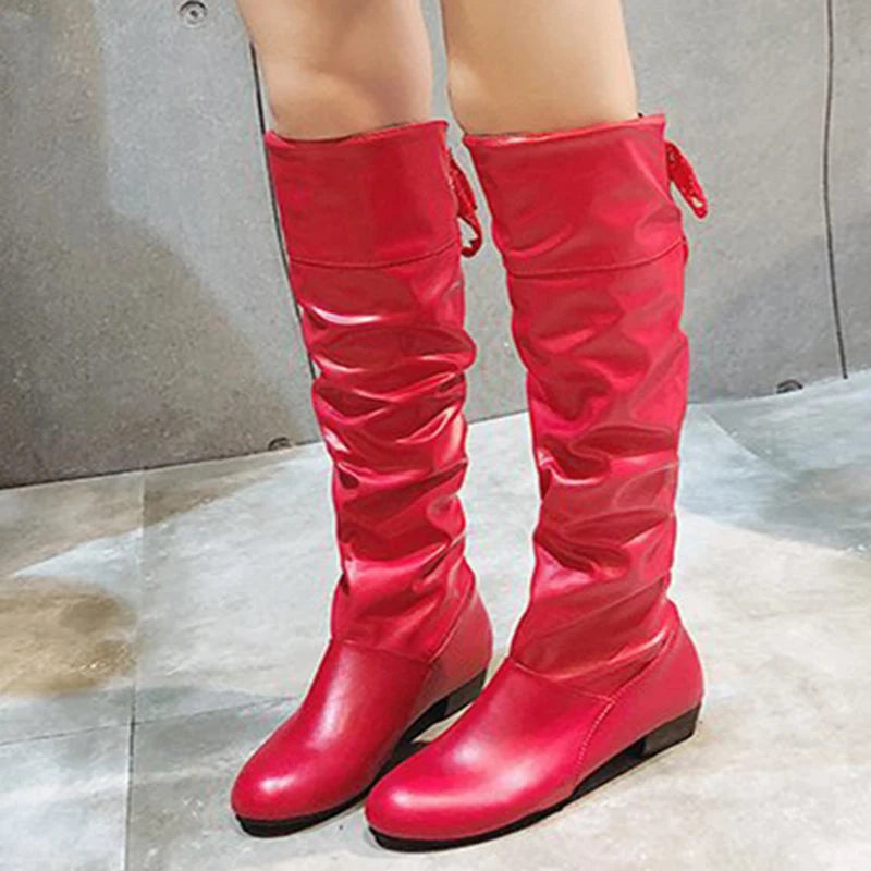Shoes For Women  Knee High Boots Red Black White Tall Boots Woman Pleated Low Heel Casual Leather Female Long Shoes TAVEN System LLC
