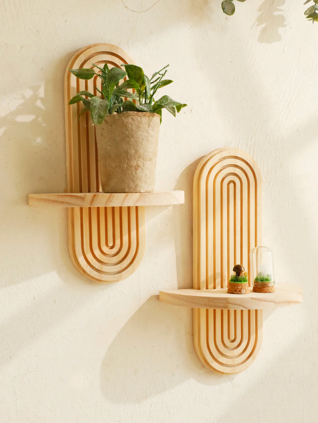 1Pc Boho Style Wooden Wall Shelves - Geometric Wall Mounted Shelves, Natural Wood Finish, Modern Home Decor, Plant Decorative TAVEN System LLC
