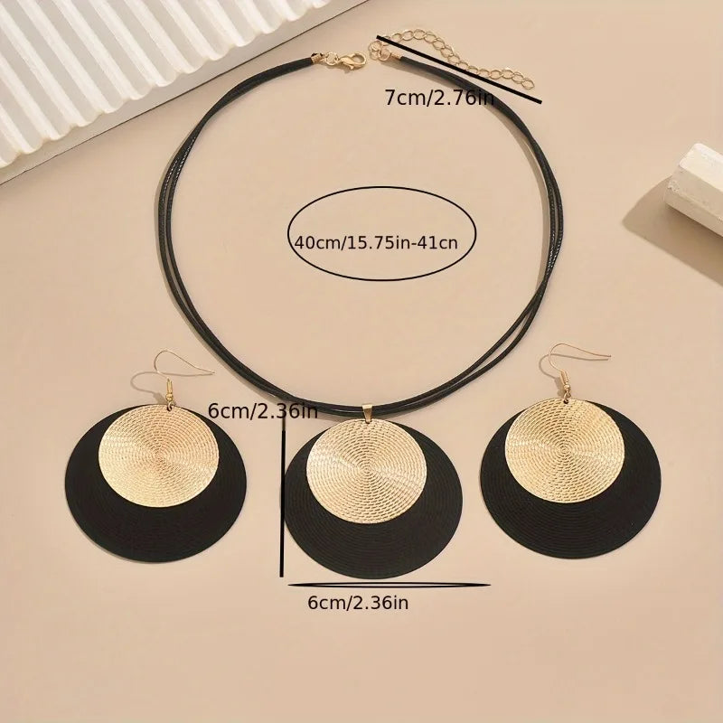 3pc/set Large Round Earrings Collar Necklace Set for Women Exaggerated PU Rope Chains Metal Geometric Pendant Necklace Jewelry TAVEN System LLC