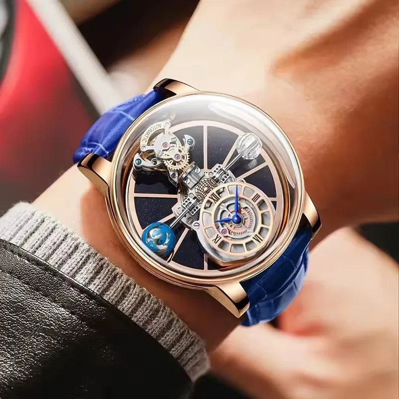 PINDU Design Man Wristwatch Transparent Hollow Design Celestial Roulette Quartz Watches Water Resistant Leather Men's Watch Box - TAVEN System LLC