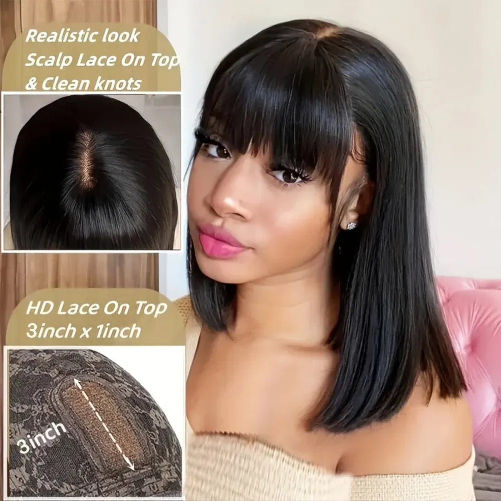 Stretched Length: 24inches, Lace Wig Type: 4*1, Density: 150%, Ships From: CHINA - 30 Inch 3X1 Middle Part Lace Human Hair Wig With Bangs For Women Straight Brazilian Wigs On Sale Cheap Fringe Short Bob Wigs Taven