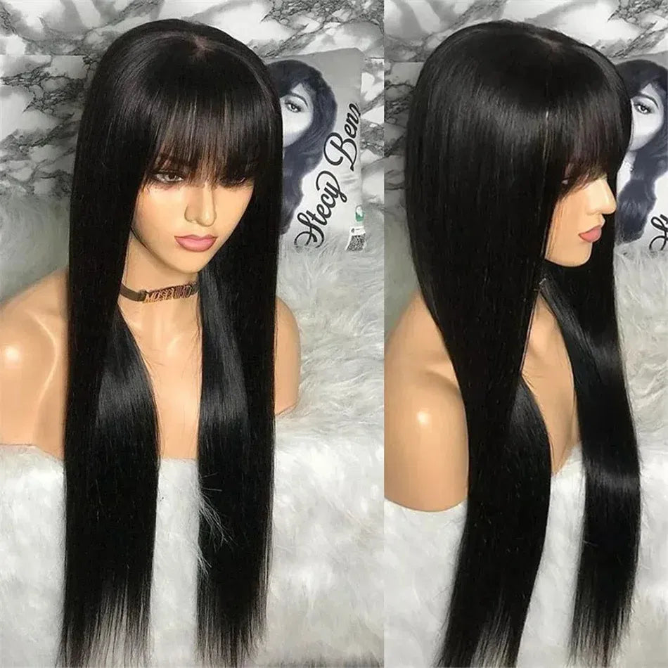 Stretched Length: 28inches, Density: 180% - Silky Wig Human Hair Full Machine Made Straight 100% Human Hair Wigs With Bangs For Women Brazilian Cheap Wig On Sale Clearance Taven
