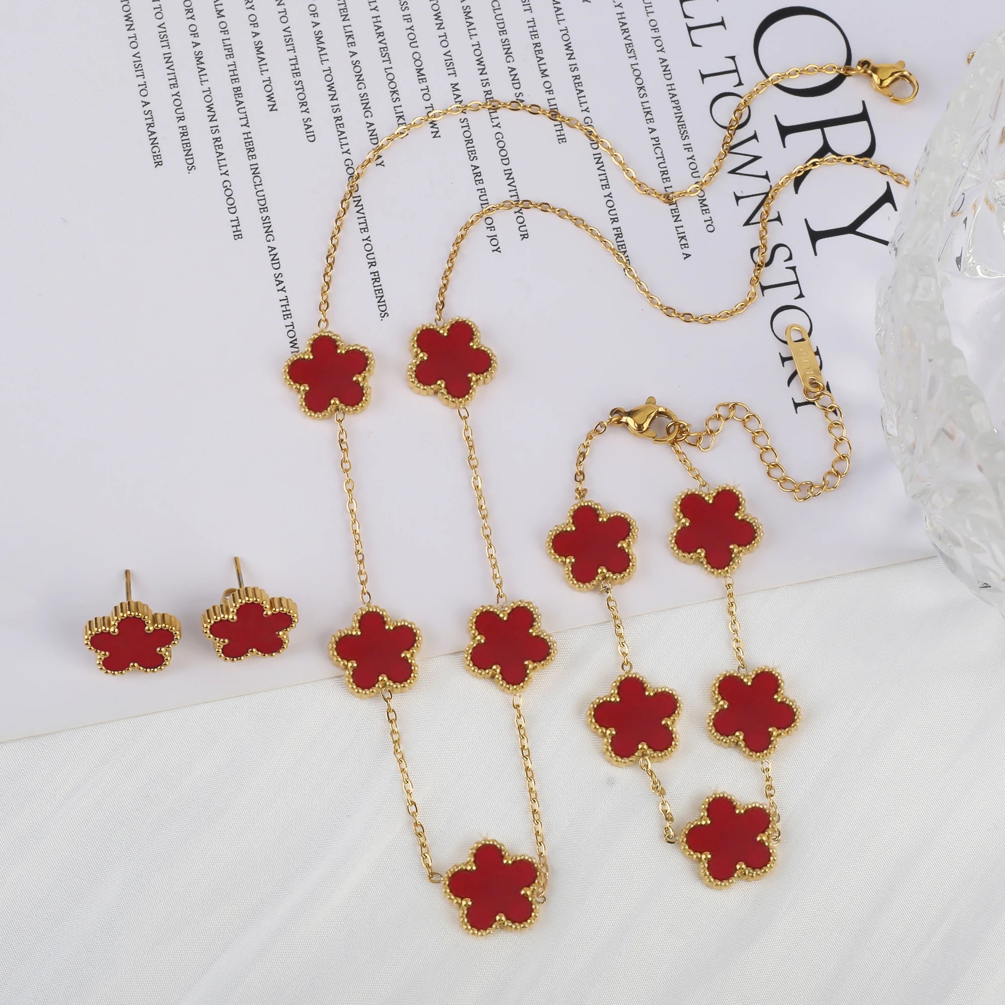 Simple 316L Stainless Steel Flower Five Leaf Necklace Bracelet Earrings 18K Gold Plated Jewelry Set for Women Girl Gift Clover TAVEN System LLC