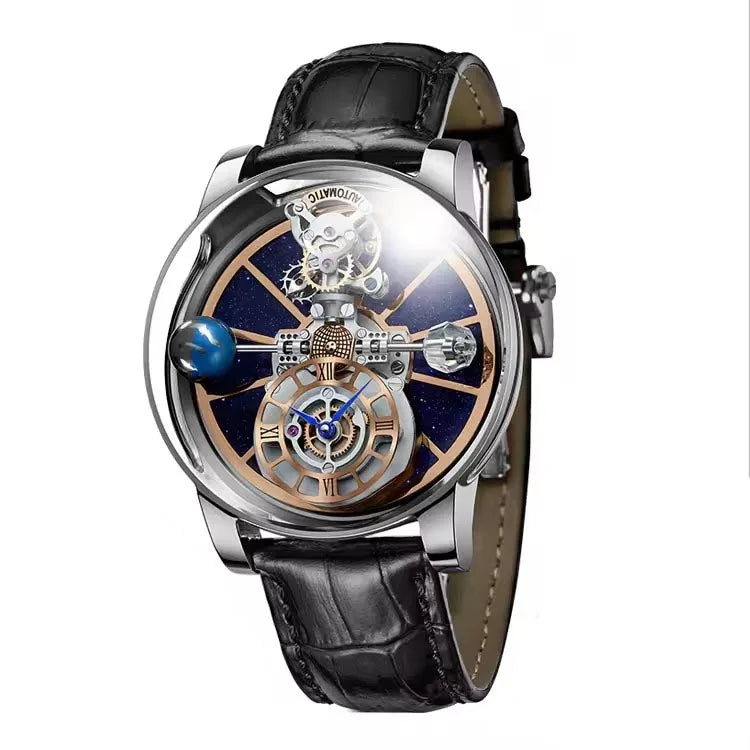 PINDU Design Man Wristwatch Transparent Hollow Design Celestial Roulette Quartz Watches Water Resistant Leather Men's Watch Box - TAVEN System LLC