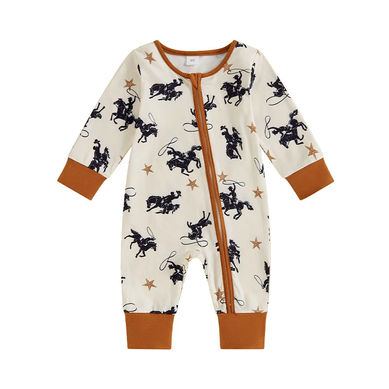 Baby Boy Western Cowboy Print Long Sleeve Zipper Romper Outfit