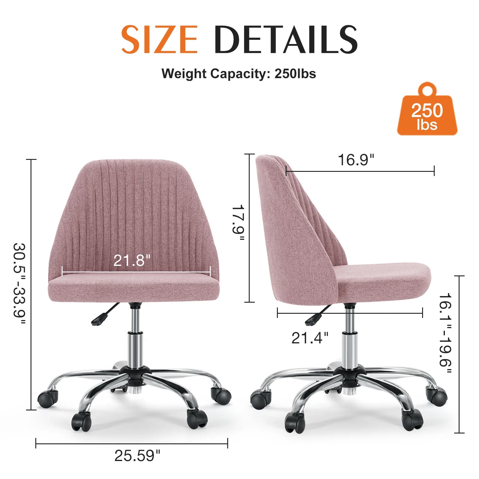 JHK Armless Fabric Office Chair with Wheels Height Adjustable TAVEN System LLC