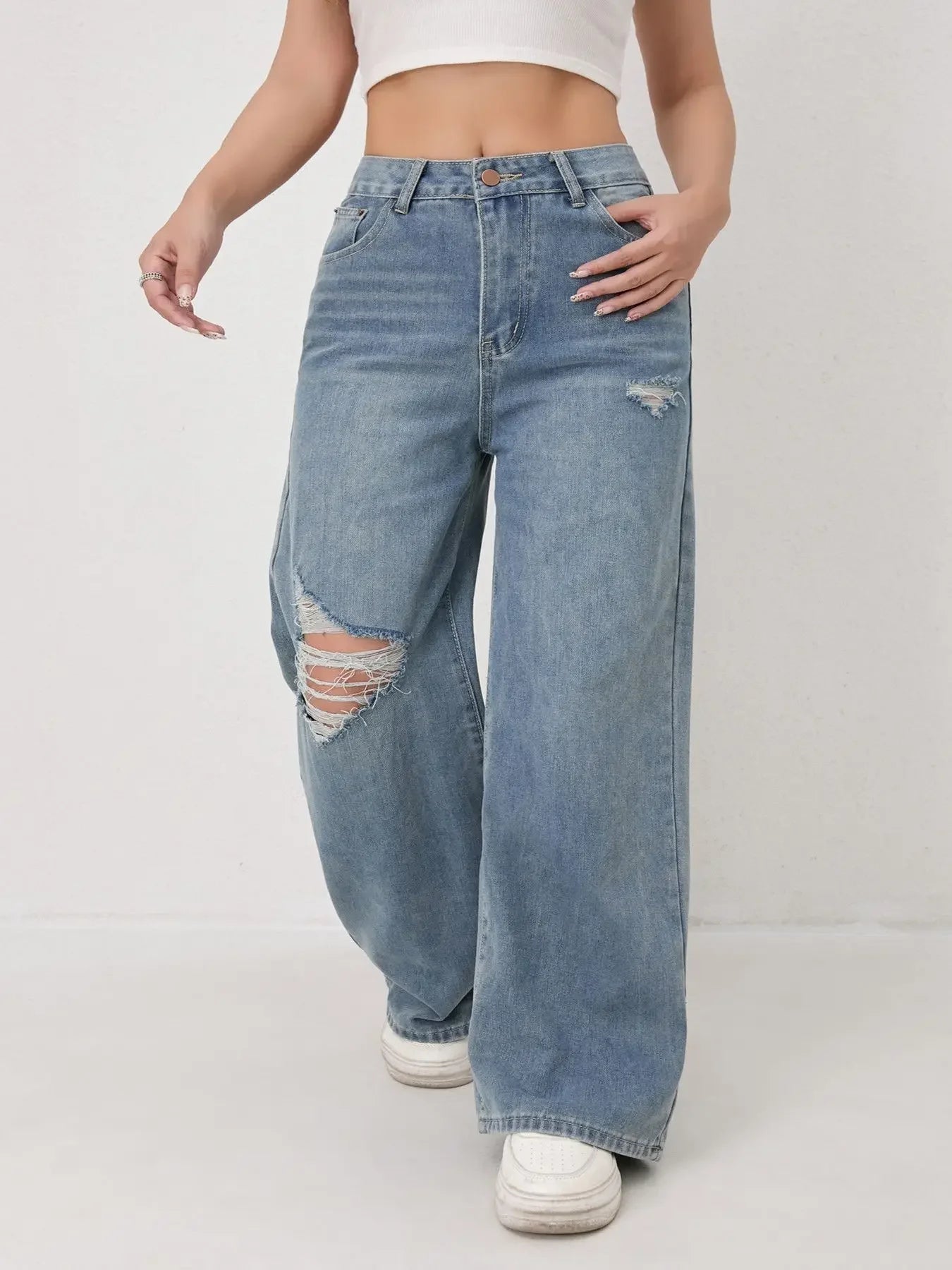 Trendy Wide Leg Distressed Jeans cc Casual Straight Denim Pants TAVEN System LLC