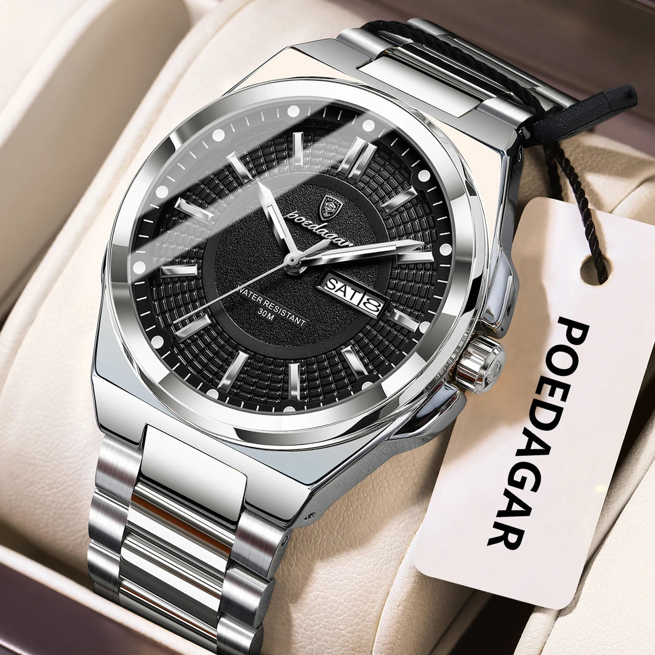 POEDAGAR Top Original Men's Watches Stainless Steel Waterproof Luminous Man Watch Date Week Classic Trendy Quartz Men Wristwatch - TAVEN System LLC