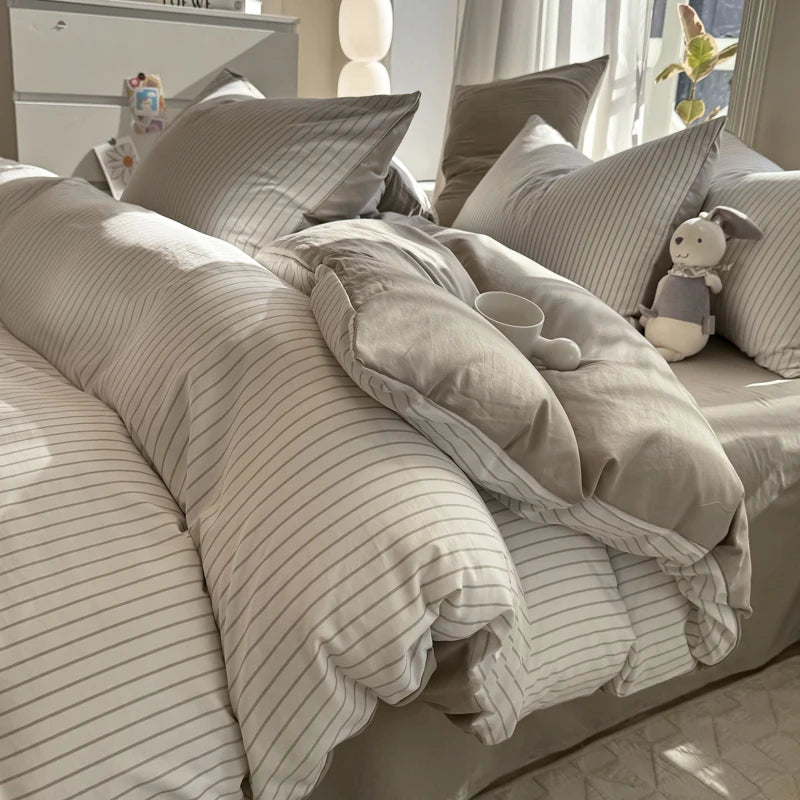 Soft Washed Cotton Bedding Set Striped Style Duvet Cover Sets with Quilt Cover Bedsheet Pillowcase 100% Cotton Bed Sheet Sets TAVEN System LLC