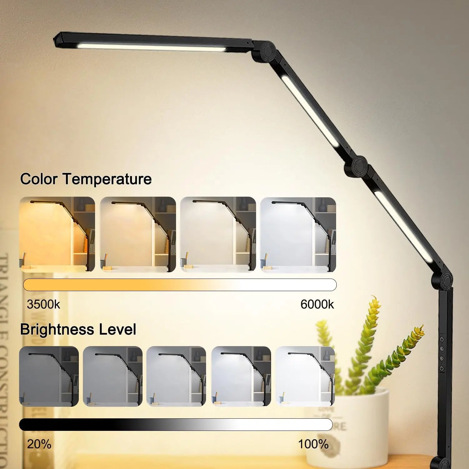 LED Desk Lamp with Clamp Flexible 4 sections Swing Arm Three light sources desk light, 4 Color Modes & 5 Brightness TAVEN System LLC