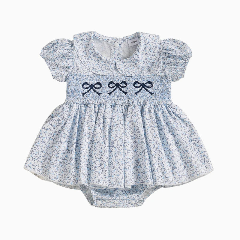 Baby Girl Floral Romper Dress with Bow Embroidery Summer Outfit
