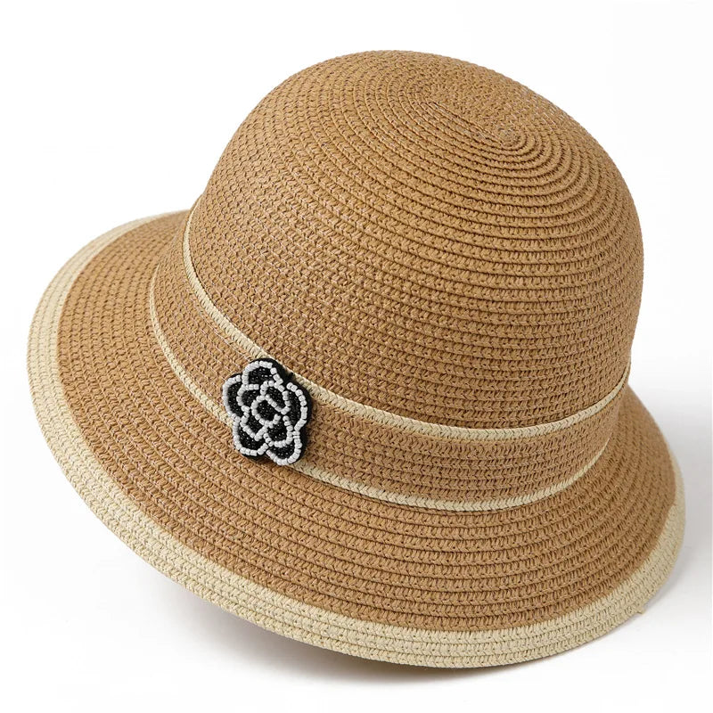 Women Straw Bucket Hat Floral Camellia Beach Sun Panama Cap TAVEN System LLC