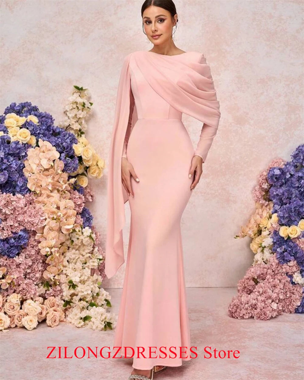 Customized  Mermaid Simple Pink Jersey Evening Dress Elegant Long Sleeves Homecoming Dresses Modern Special Occasion Go - TAVEN System LLC
