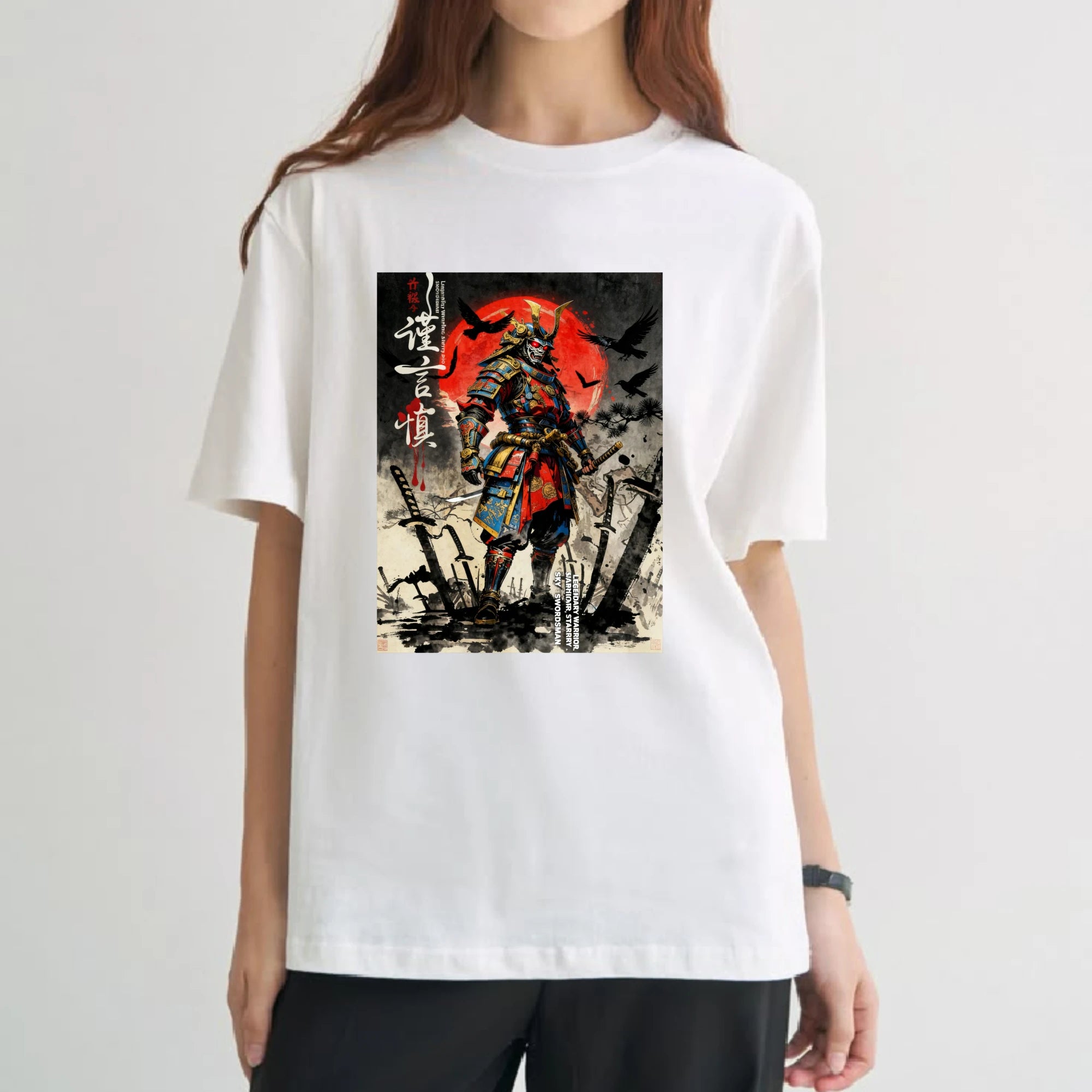 100% pure cotton short sleeved T-shirt Samurai Warrior Standing With Sword Red Moon Background Japanese Calligraphy Artwork Traditional Style Design Easy to wear and match, comfortable and fashionable, suitable for all season TAVEN System LLC