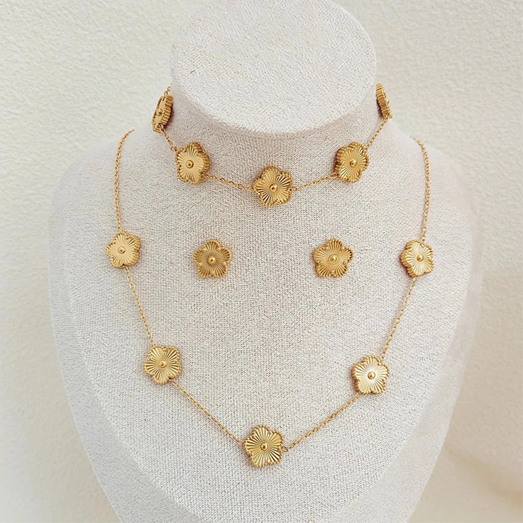 Simple 316L Stainless Steel Flower Five Leaf Necklace Bracelet Earrings 18K Gold Plated Jewelry Set for Women Girl Gift Clover TAVEN System LLC