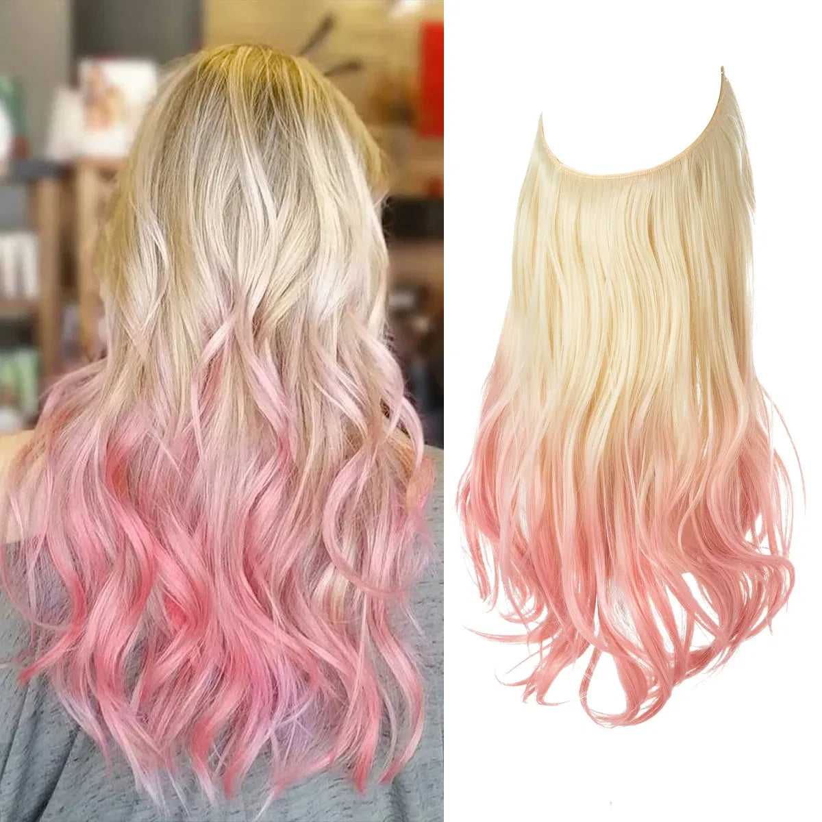 Color: #6, Stretched Length: 14inches - Synthetic No Clip Wave Hair Extensions Ombre Natural Black Blonde Pink One Piece False Hairpiece Fish Line Fake Hair Piece Taven