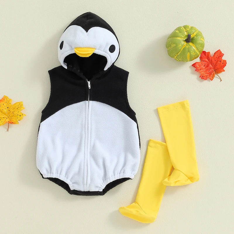 Baby Penguin Fleece Hooded Romper with Matching Socks Set