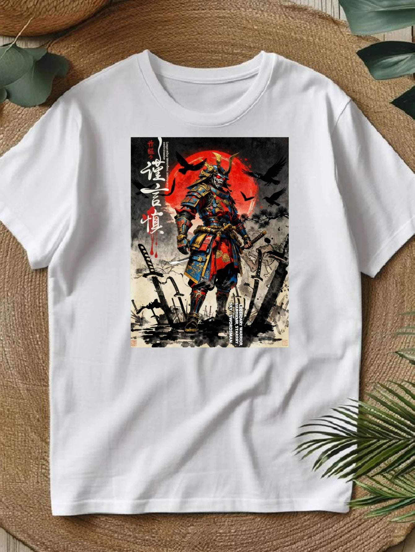 100% pure cotton short sleeved T-shirt Samurai Warrior Standing With Sword Red Moon Background Japanese Calligraphy Artwork Traditional Style Design Easy to wear and match, comfortable and fashionable, suitable for all season TAVEN System LLC