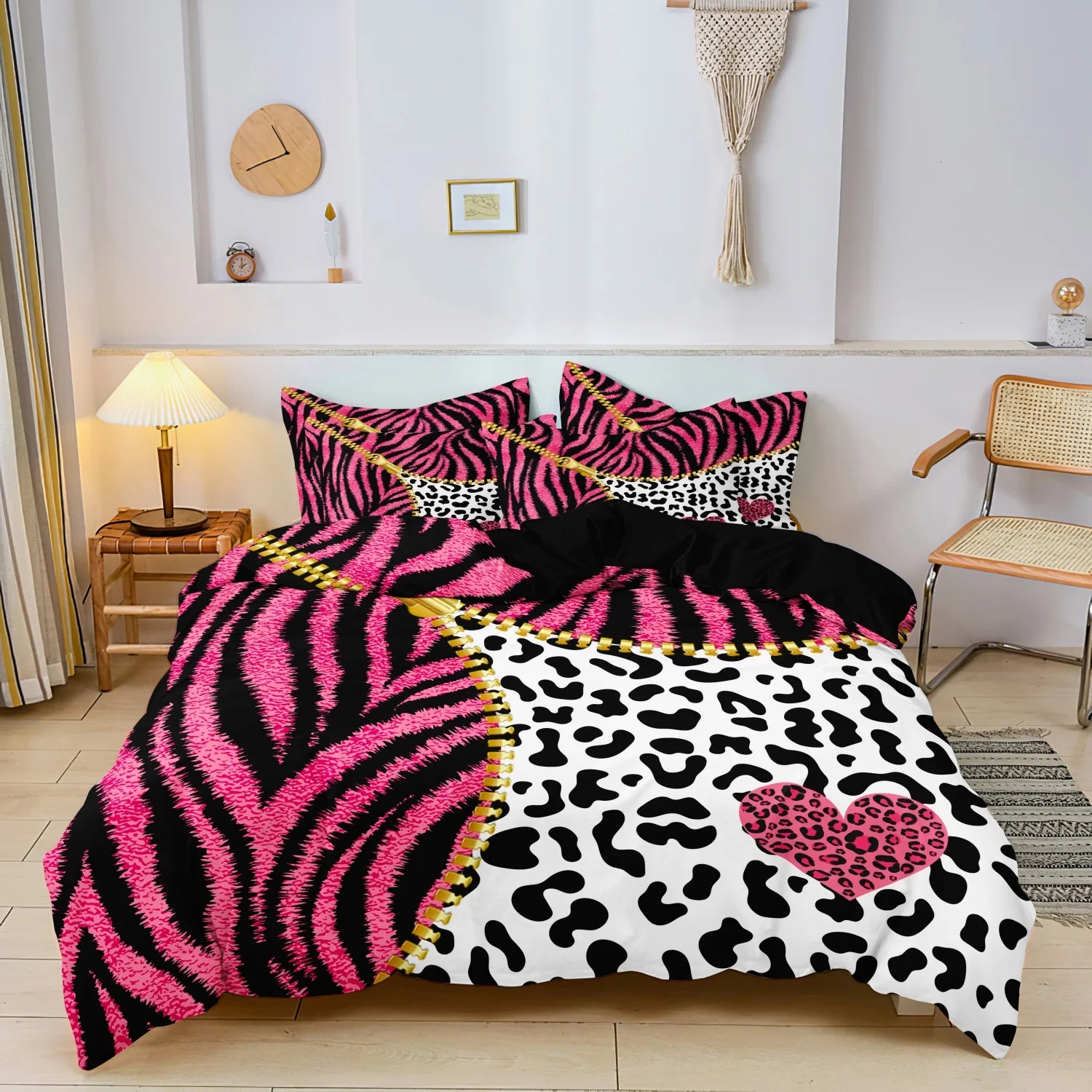 3pcs Duvet Cover Set in Red Leopard Print, Rose Red, and Black Zebra Stripe with Shiny Finish. Fashionable, Soft and Comfortable TAVEN System LLC