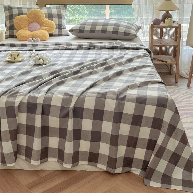 Japanese Style 100% Cotton Plaid Bed Sheet Soft Skin Friendly Flat Sheet or Sheet and Pillowcases Set Queen King Size Bedspreads TAVEN System LLC