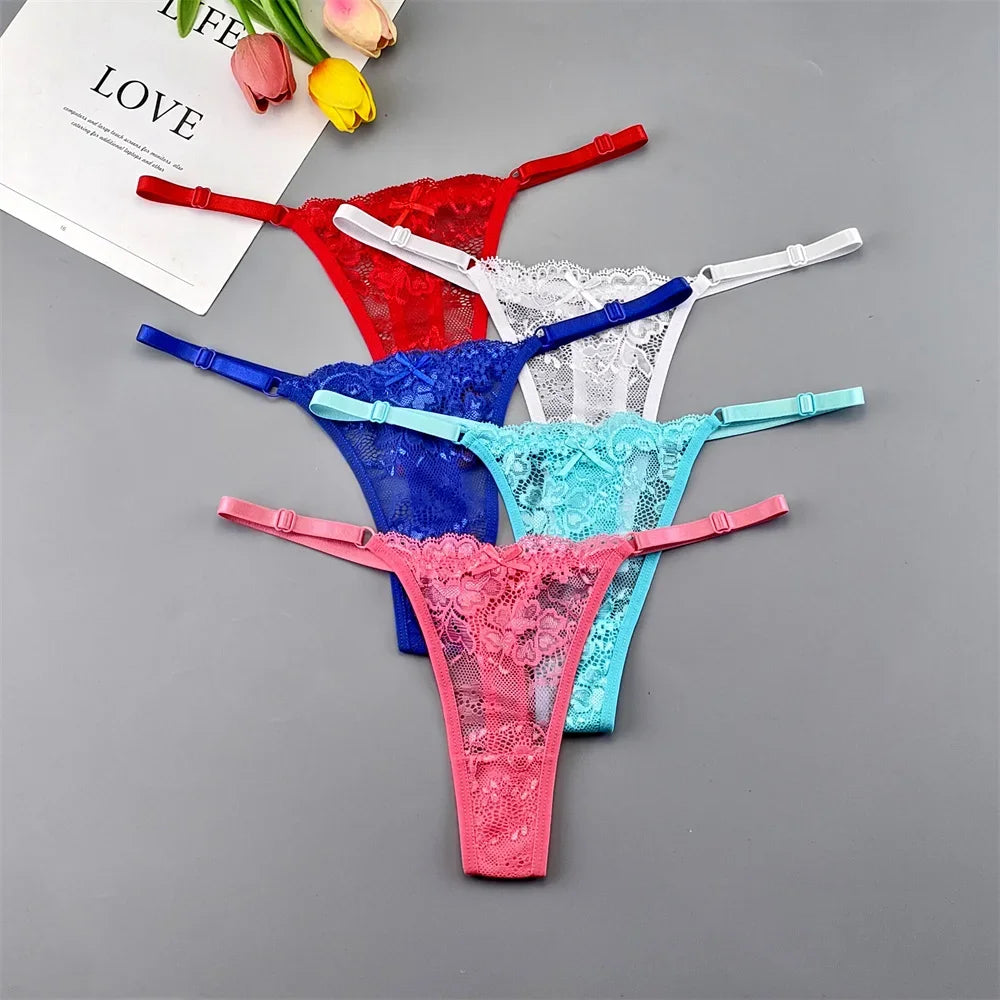 5PCS Free Shipping Seamless Women Thong Panties Adjust Belt Sexy Ice Silk G-string Lady Low Waist Lace Bikini T-back Plus Size TAVEN System LLC