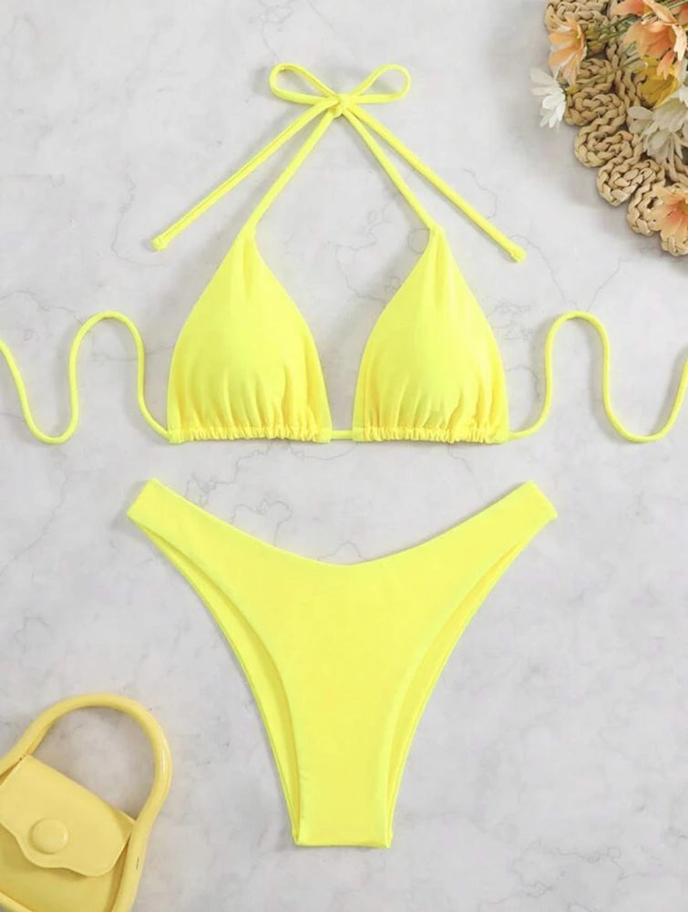 2025 Women White Bikini Chest Padded New Sexy Halter Bikini Two-Piece Set With Drawstring Straps Solid Brazilian Bathing Suit TAVEN System LLC