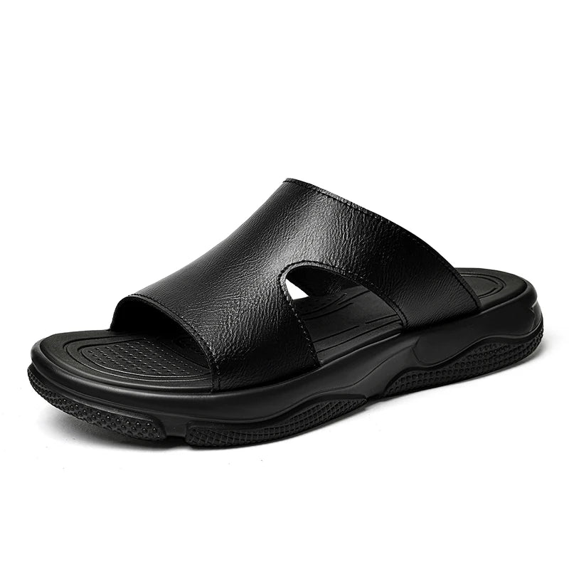 Men's Leather Slide Sandals Non-slip Thick Sole Casual Slippers Summer Outdoor Beach Shoes Breathable Lightweight Footwear TAVEN System LLC