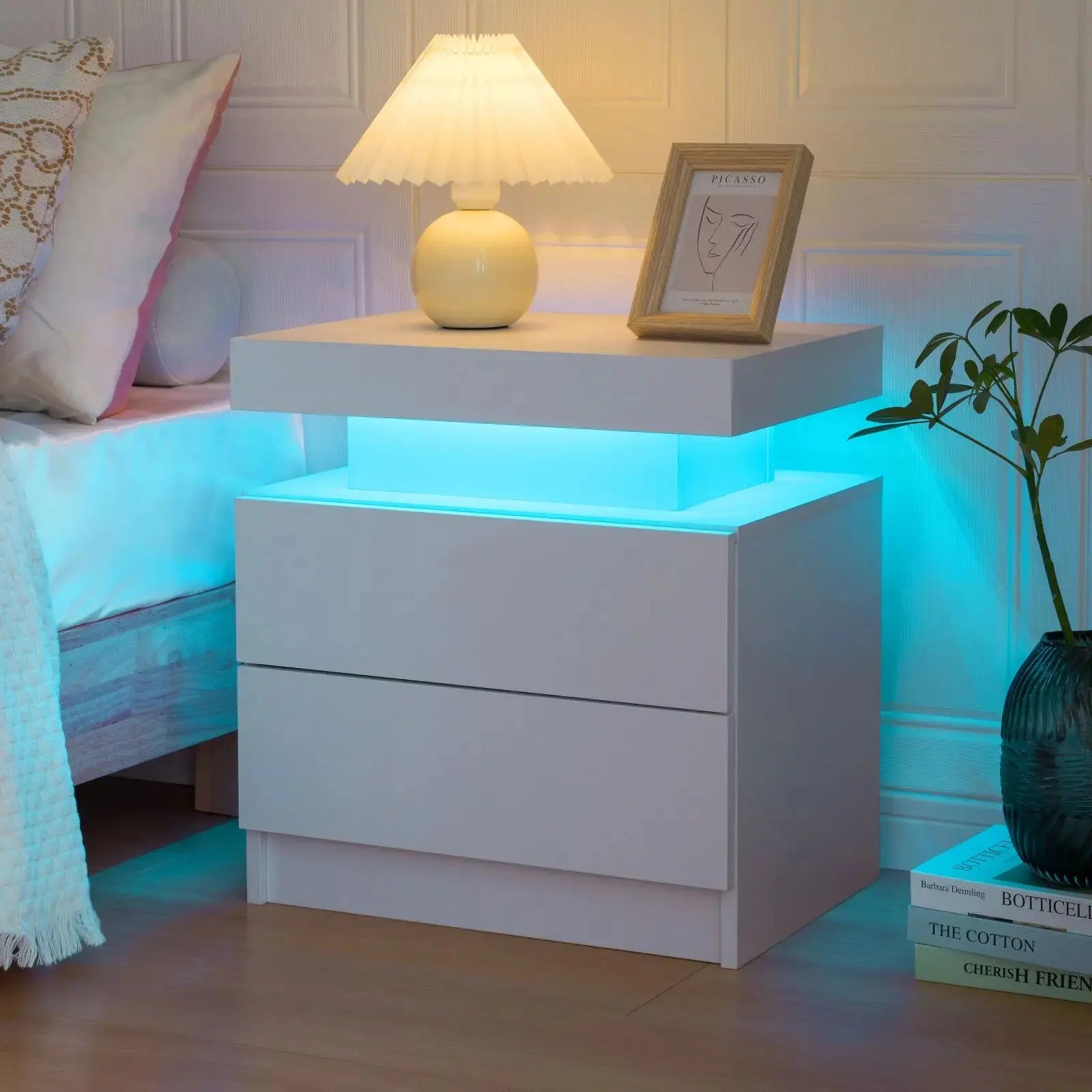 RGB Bedside White Table With 2 Drawers Cubehom LED Nightstand TAVEN System LLC