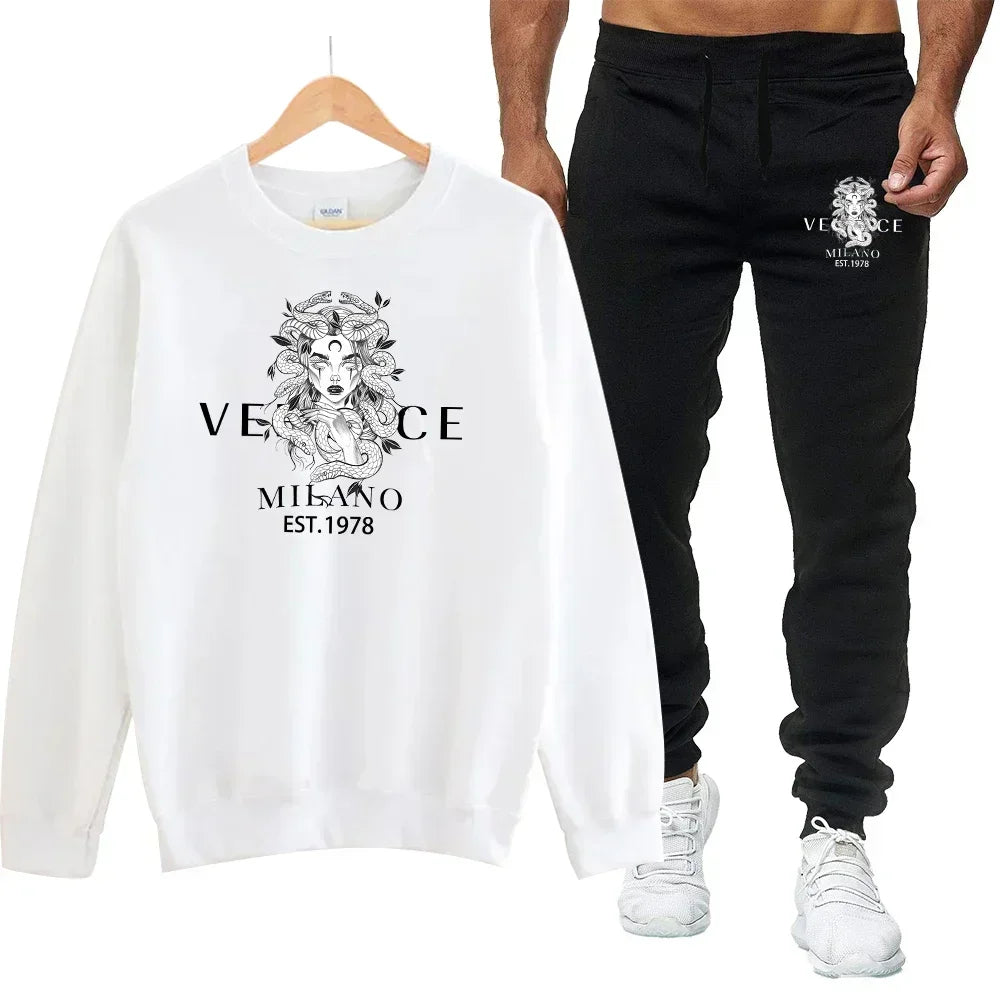 Men Print Sweatshirt Tracksuit Set Casual Sports Two Piece Outfit