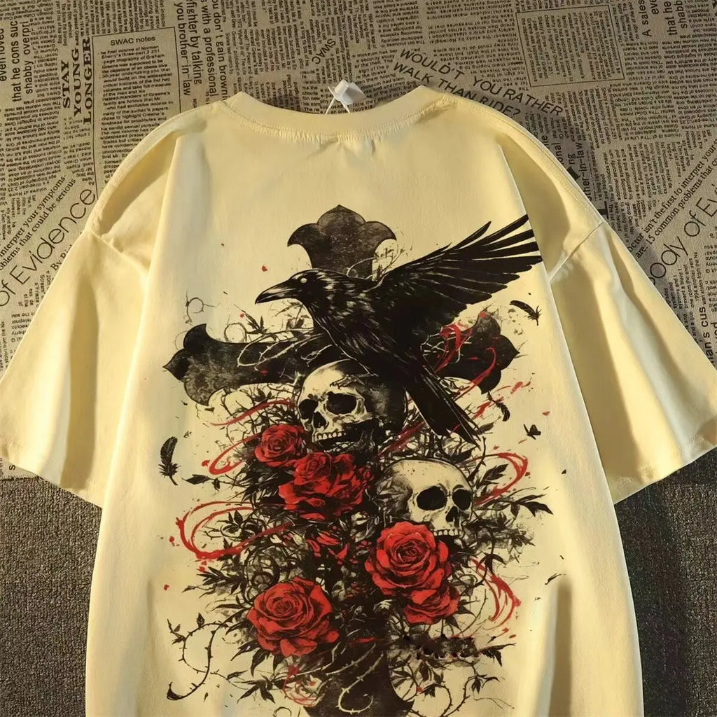 American Style Fashion Brand oversize Diablo Style Retro Subculture Skull Cross Short-sleeved T-shirt Men's Summer TAVEN System LLC