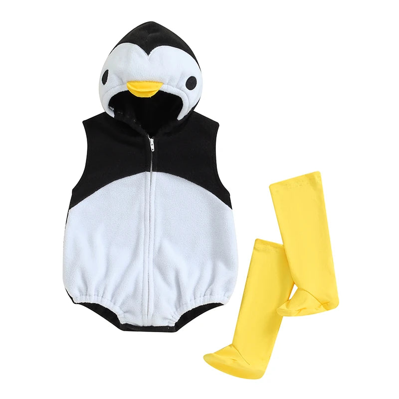 Baby Penguin Fleece Hooded Romper with Matching Socks Set