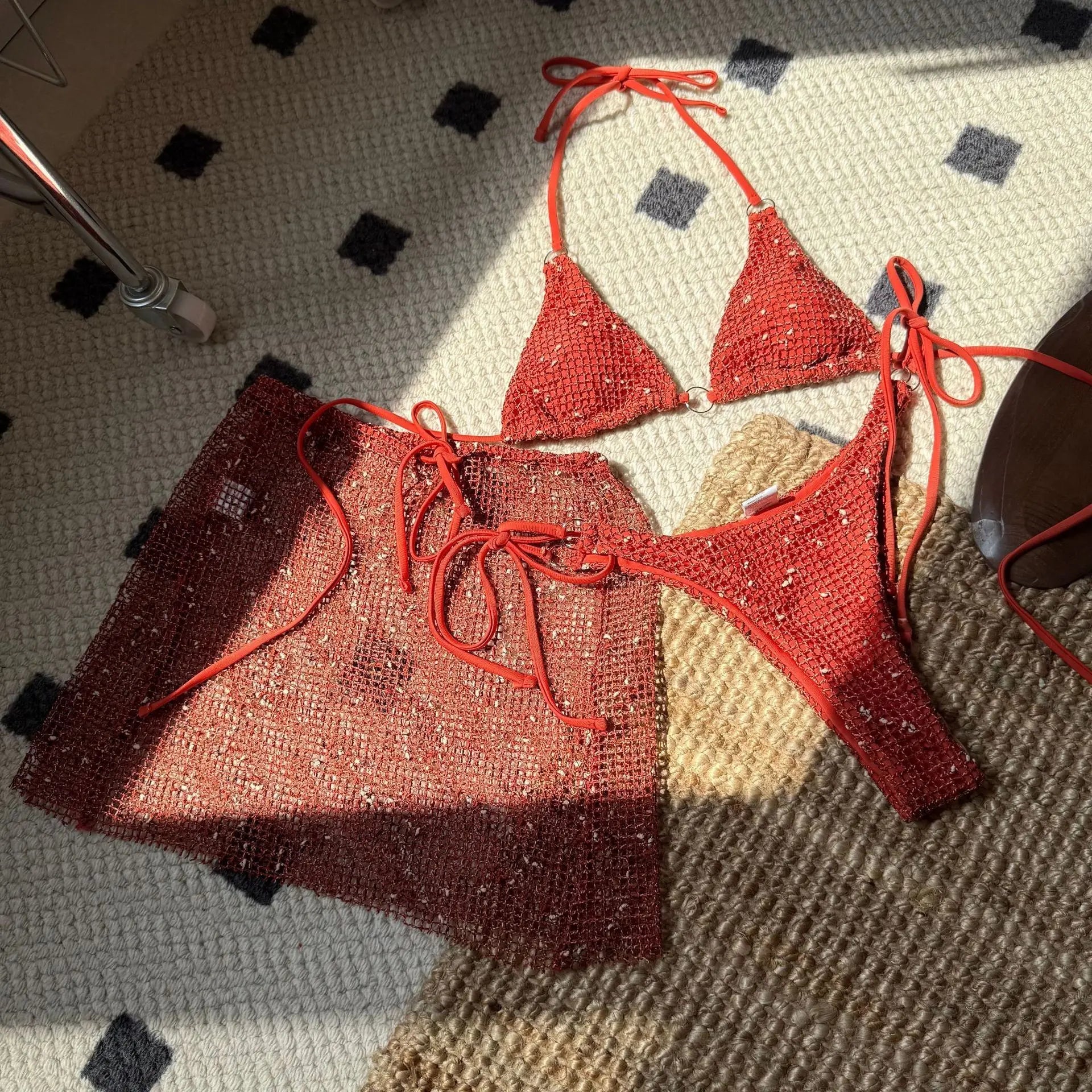 2025 New Summer Halter Bikini 3 Pieces Women Special Material Sexy Thong Swimwear with Sarong Skirt Solid Pink Beachwear TAVEN System LLC