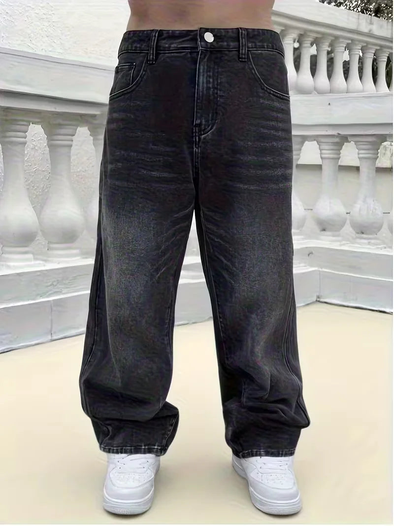 Men's loose wide-leg jeans, black washed non-stretch denim pants, multi-pocket design, suitable for daily casual wear. TAVEN System LLC