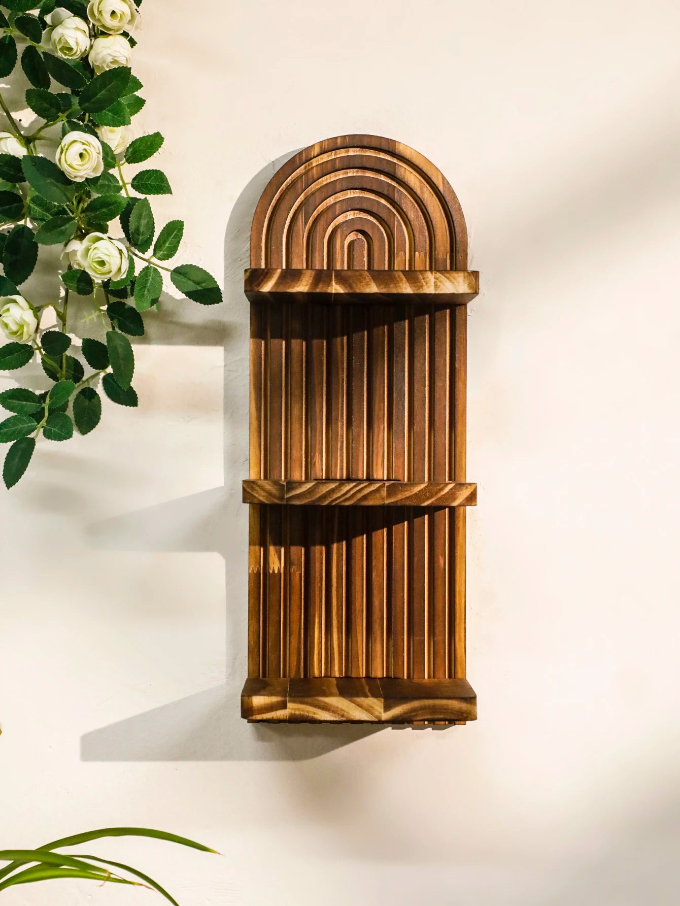 1Pc Boho Style Wooden Wall Shelves - Geometric Wall Mounted Shelves, Natural Wood Finish, Modern Home Decor, Plant Decorative TAVEN System LLC