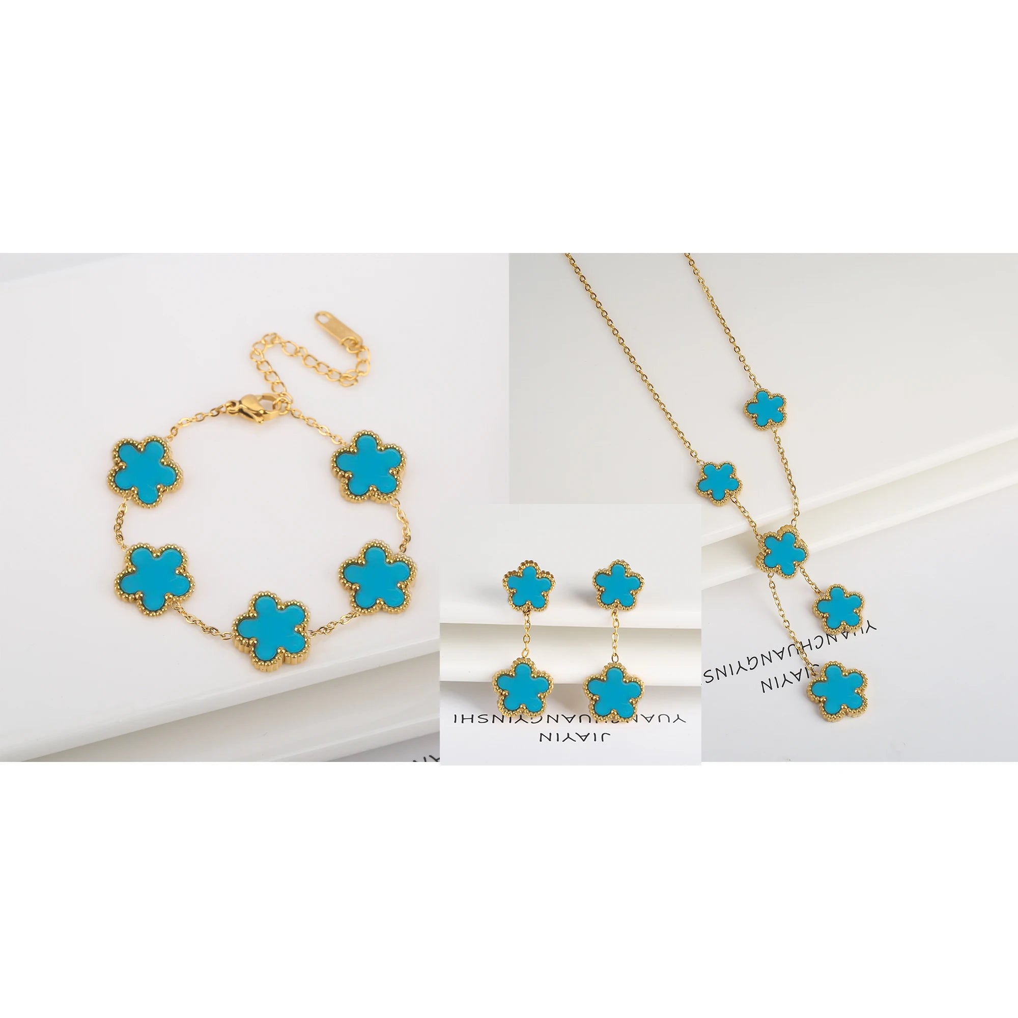 3Pcs 18k Gold-Plated Five-Leaf Flower Necklace Earrings Bracelet Jewelry Set for Woman Fashion Party Jewelry Daily Wear Clover TAVEN System LLC