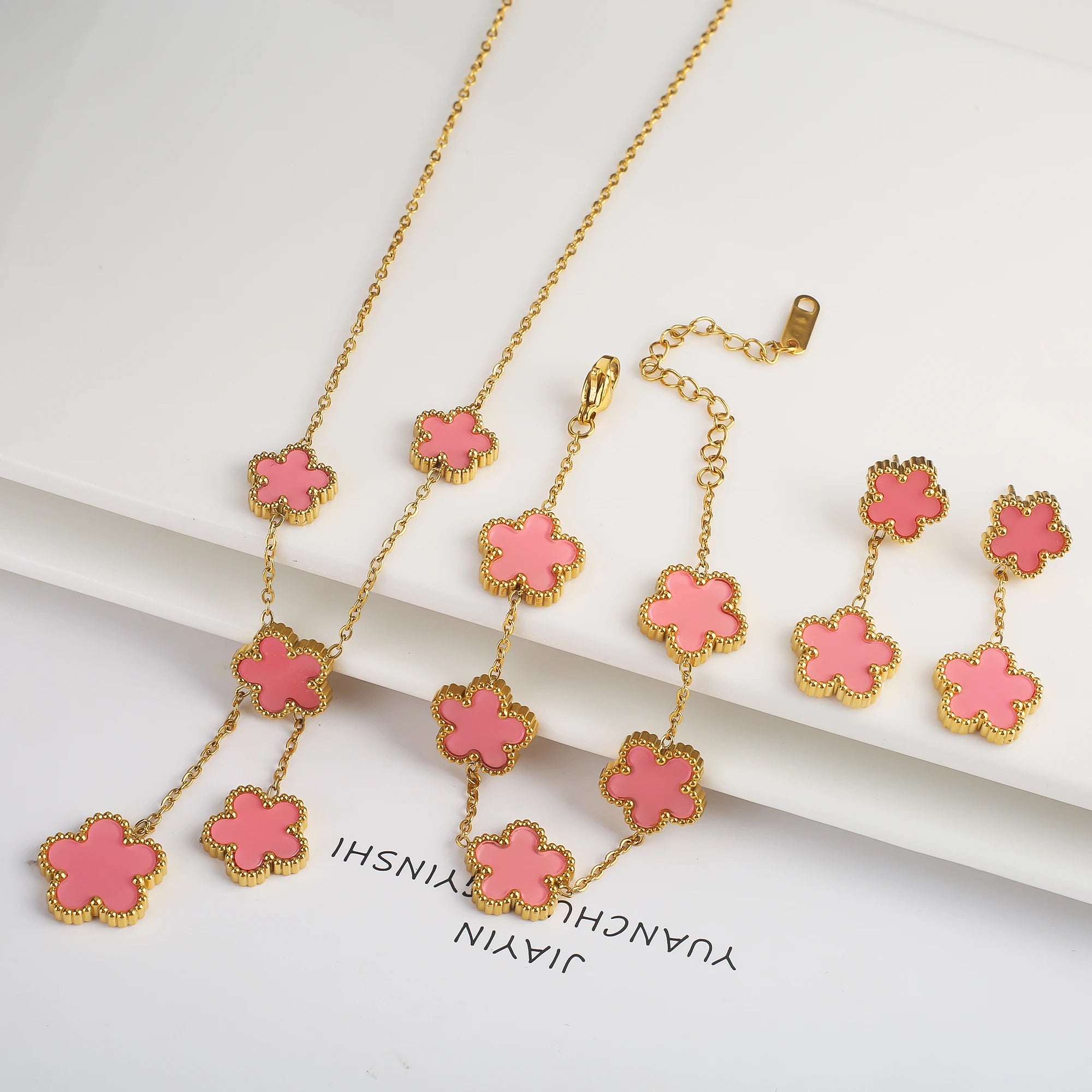 3Pcs 18k Gold-Plated Five-Leaf Flower Necklace Earrings Bracelet Jewelry Set for Woman Fashion Party Jewelry Daily Wear Clover TAVEN System LLC