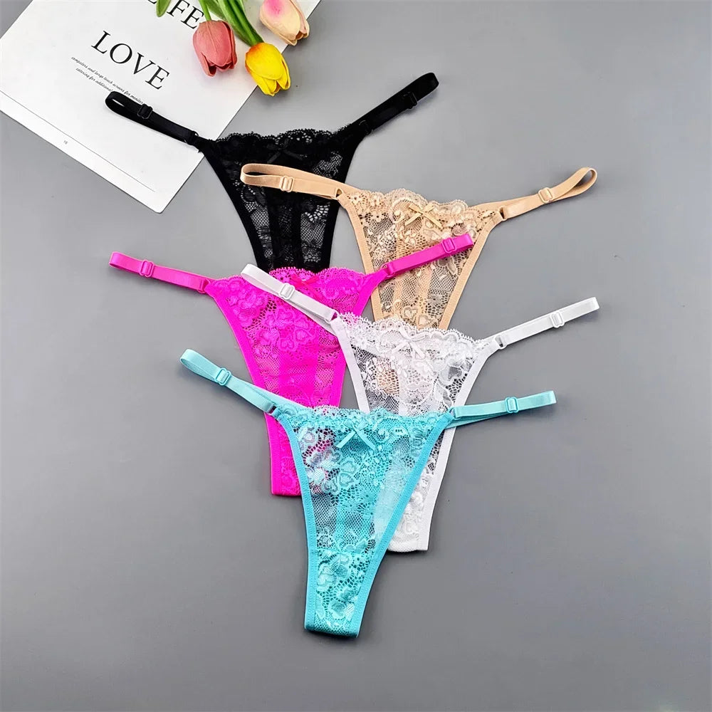 5PCS Free Shipping Seamless Women Thong Panties Adjust Belt Sexy Ice Silk G-string Lady Low Waist Lace Bikini T-back Plus Size TAVEN System LLC